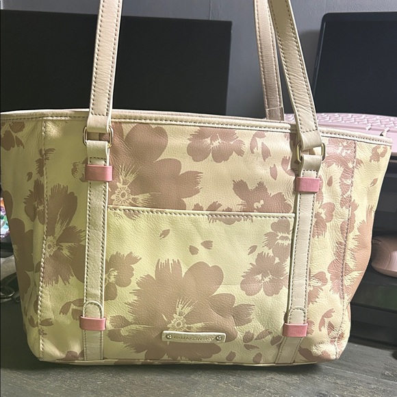 b. makowsky Handbags - B•Makowsky Tan & Pink Genuine Leather Floral Tote Shoulder Bag EUC